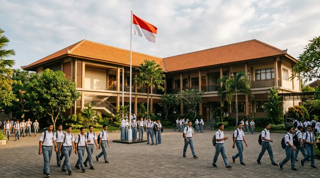 Gedung sekolah dengan siswa berseragam di halaman